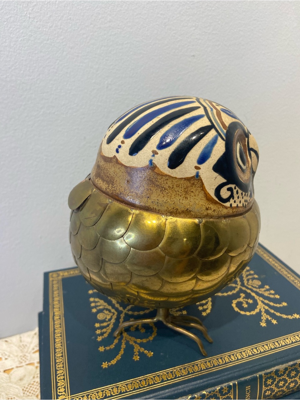 Vintage Brass and Ceramic Owl Mexican Tonala Sculpture Signed - Picture 10 of 10